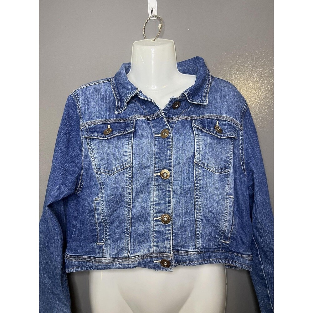 Dunnes Denim Jacket Womens 16 Blue Cropped Jean Button Front Stretch Trucker